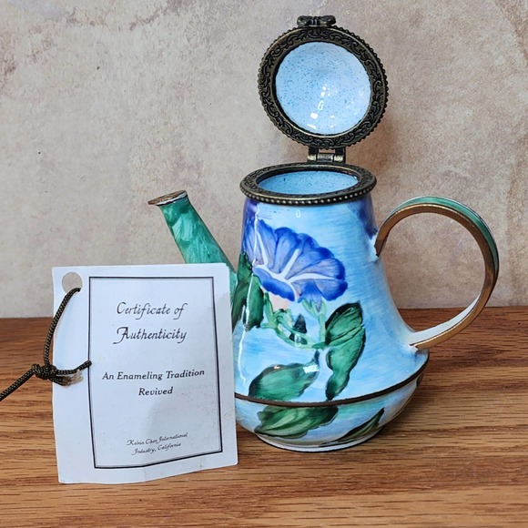 2004 Kelvin Chen Enameled Miniature Floral Blue Iris Teapot COA Artist Signed - Picture 4 of 11